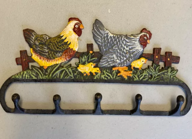 CAST IRON Hanger COUNTRY Rooster HEN & CHICKS WALL MOUNTED 11 IN