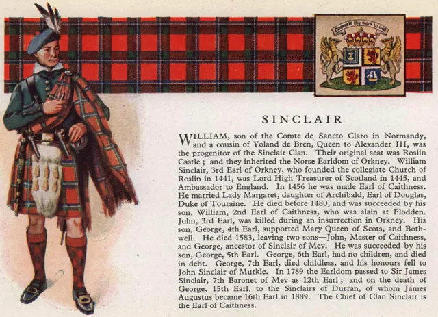 Sinclair. Scotland Scottish clans tartans arms 1957 old vintage print picture