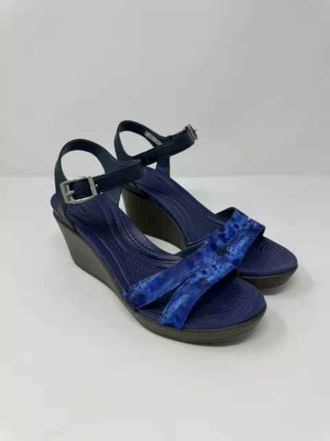 Crocs Leigh II Dual Comfort Ankle Strap Wedge Sandals Storm Blue & Tan Size 9