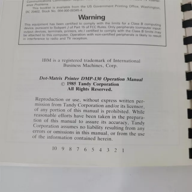 VTG 1985 Original Tandy TRS-80 Dot-Matrix Printer DMP-130 Operation Manual 3