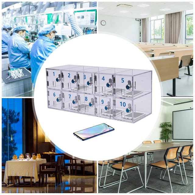 10-slot Acrylic Clear Cellphone Locker Cell Phone Storage Box w/Keys Wall Mount
