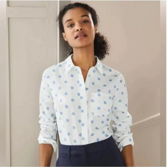 Boden White and Blue Polka Dot Button Down Collared Blouse Size 14R