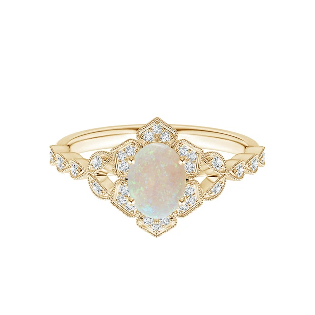 Art Deco Oval Ethiopian Natural Opal Ring 10k Yellow Gold Women Bridal Set
