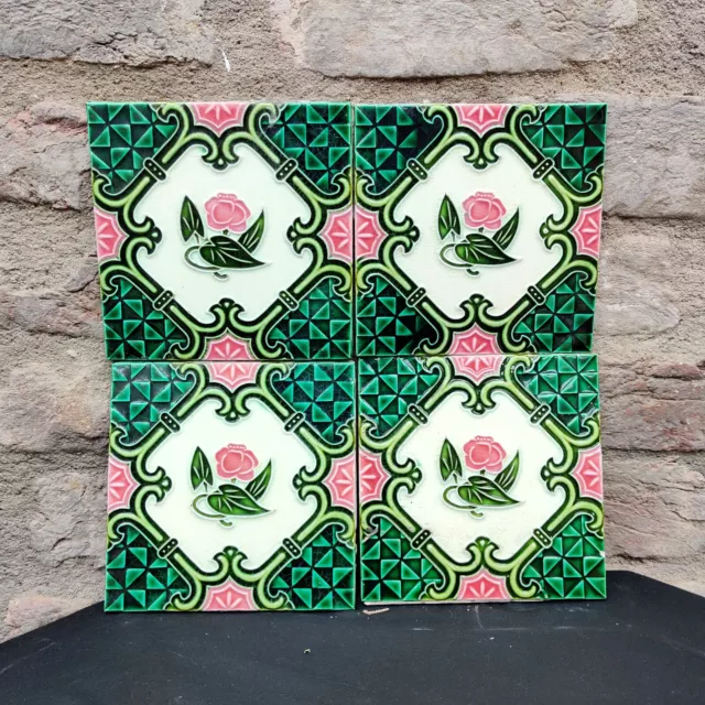 1940 Vintage Majolica Decorative Nouveau Architecture Furniture Tiles 4Pcs Japan 2