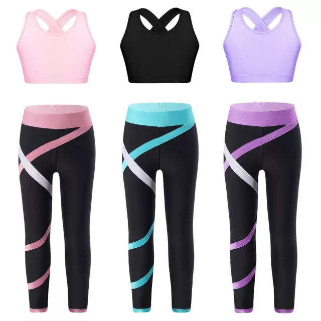 Kids Girls Crop Top with Stretchy Leggings Set for Running Gym Yoga Sports