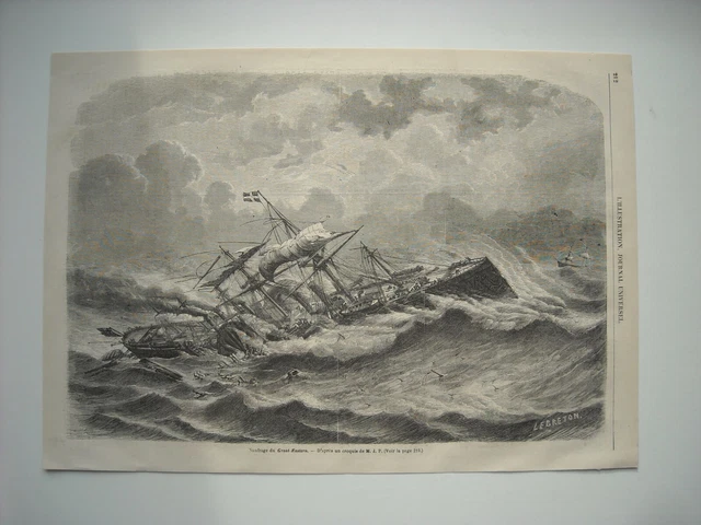 1861 Engraving. Shipwreck Of The Great-Eastern, Off Cap Clear.
