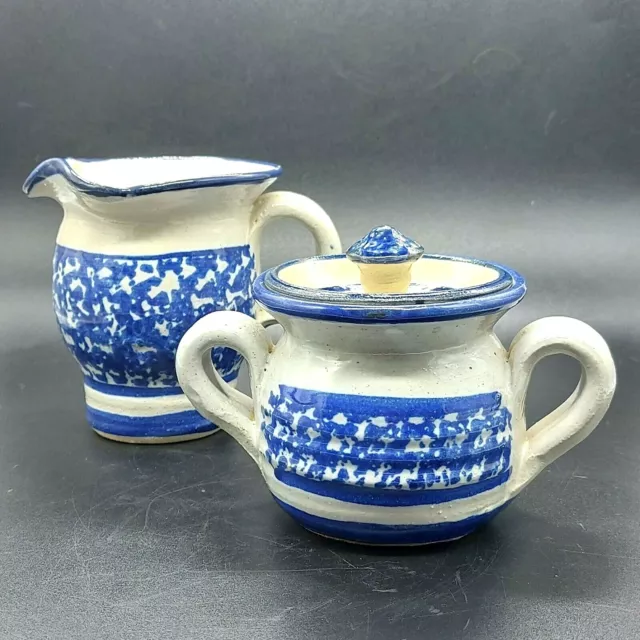Vintage Salt Glazed Stoneware Pottery Cream & Sugar Bowl W/Lid Blue/White Signed