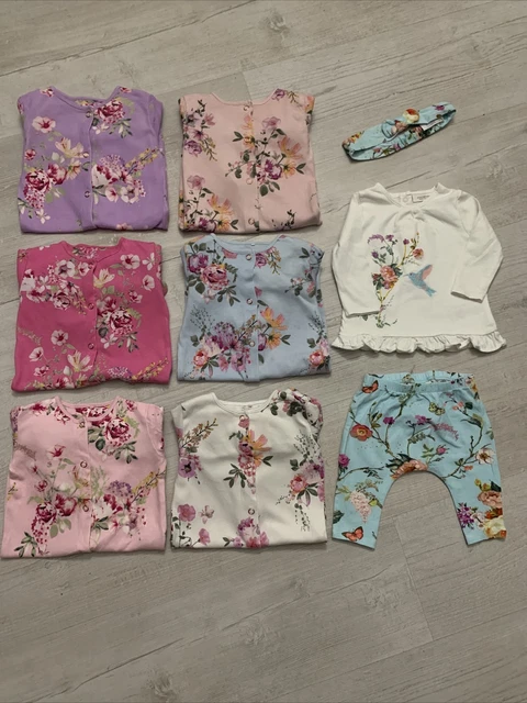 Baby Girls Clothes Bundle 0-3 months Next Sleepsuits Floral Babygrow Set Pink