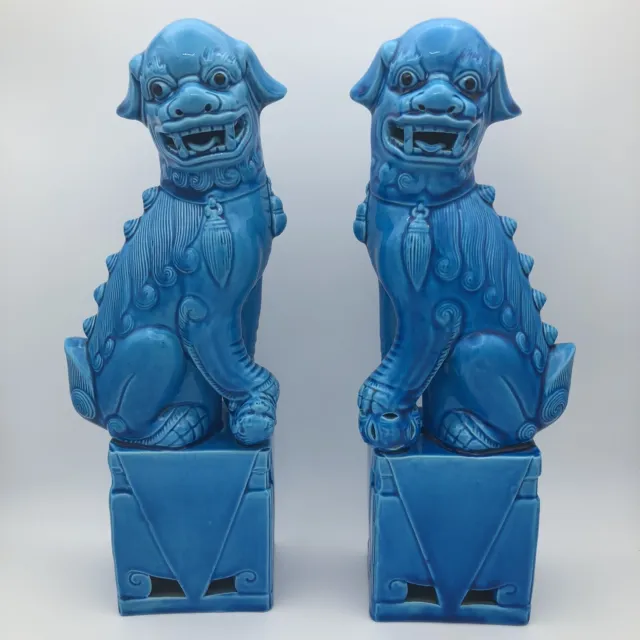 A Large Pair Of Vintage Chinese Porcelain Turquoise Foo Dog Figurines Excellent