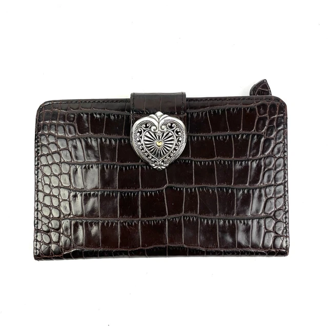 Brighton Wallet Brown Moc Croc Embossed Leather Heart Medallion Clutch Organizer
