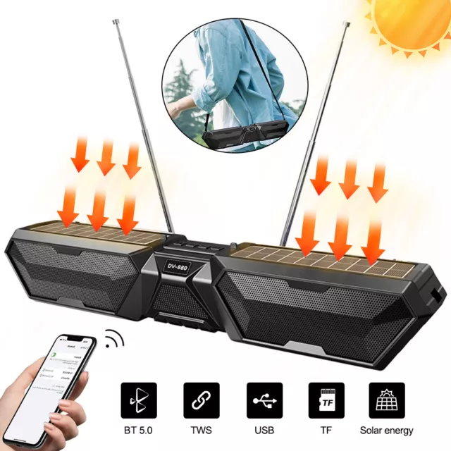 Tragbarer Solar Bluetooth Lautsprecher Stereo Außen Soundbox Mit 2Antennen TF FM