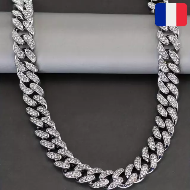 ✅ Collier Chaîne Cubaine Homme Diamant Artificiel Strass Métal Hip Hop Ice Bling