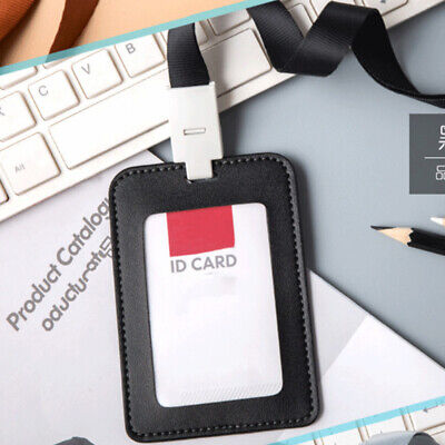 PU Leather ID Badge Card Holder Vertical Clip Neck Strap Lanyard Necklace Case