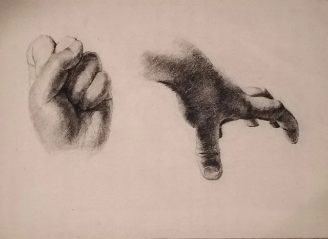 ANTICO DISEGNO ACCADEMICO CARBONCINO XIX° Sec. IL PUGNO E LA MANO