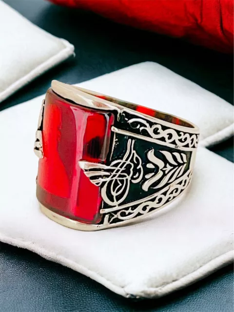 Ottoman Tugra Motif Pierre Rouge 925 Argent Sterling Arabique Calligraphie Bague