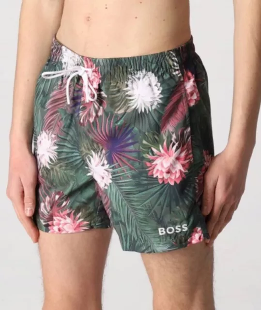 New HUGO BOSS Men’s “Turtle” Tropical Floral Print LARGE Swim Shorts Green NWT