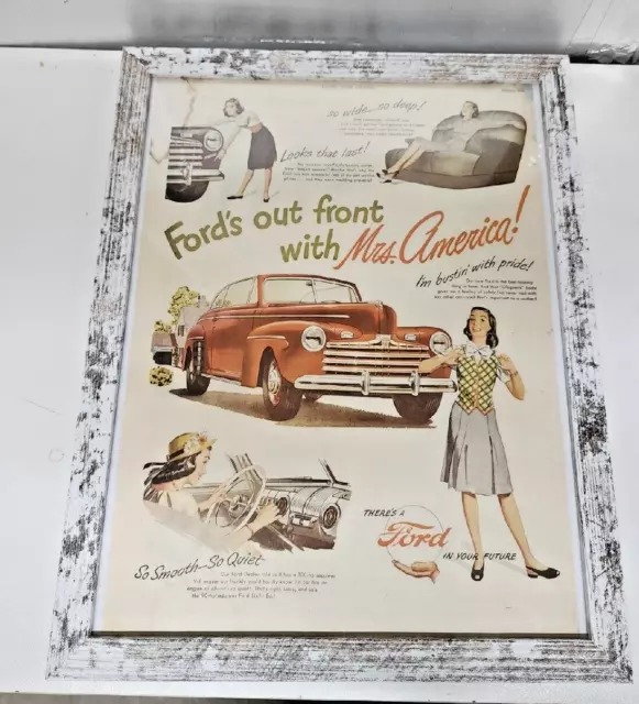 1946 Vintage Framed Automobile Advertising Art Ford Ms America Life Magazine Ad