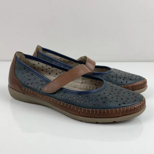 Remonte Soft Women’s Blue & Brown Leather Mary Jane Flats Floral Size 40 (9-9.5)