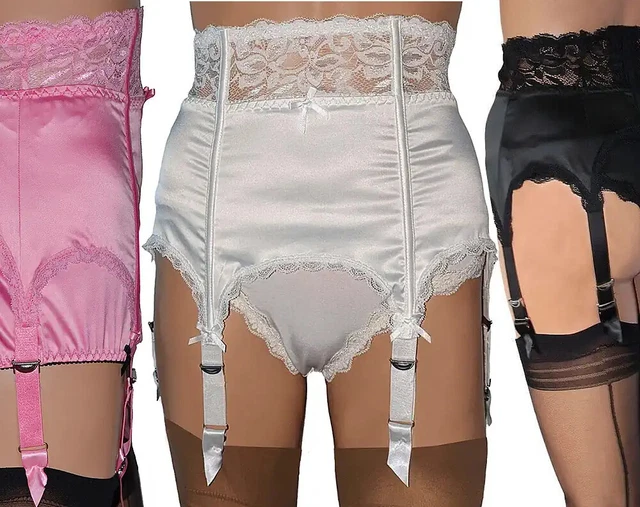 Satin 6 Strap Suspender Belt / Waspie with Lace High Waist and Front Boning