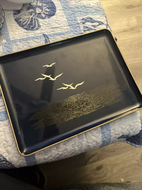 Vintage OTAGIRI Lacquered SERVING TRAY Gold SEAGULLS Birds In Flight MCM Art 60s