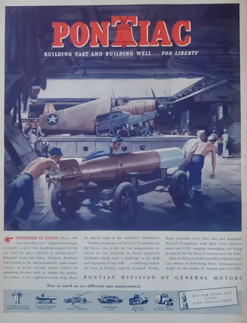 1943 GM Pontiac US Navy Torpedo Bombers War Effort WWII Era Vintage Print Ad