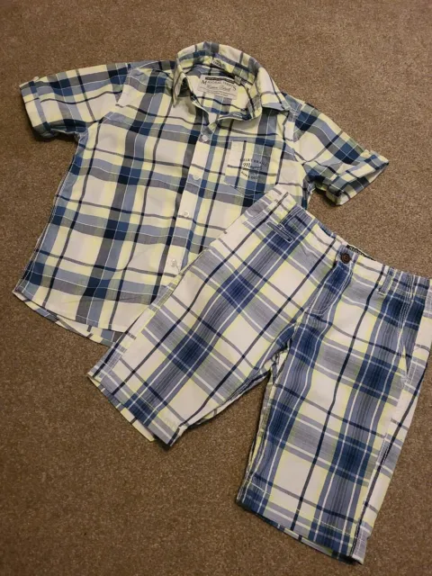 Camicia e pantaloncini designer Mayoral ragazzo blu/bianco/verde lime a scacchi età 6
