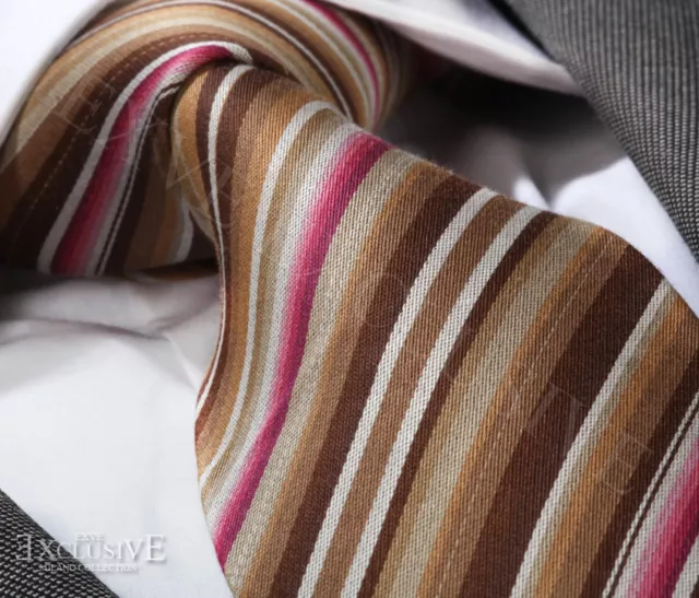 ITALIAN DESIGNER Milano Exclusive Brown & Pink STRIPE SILK TIE