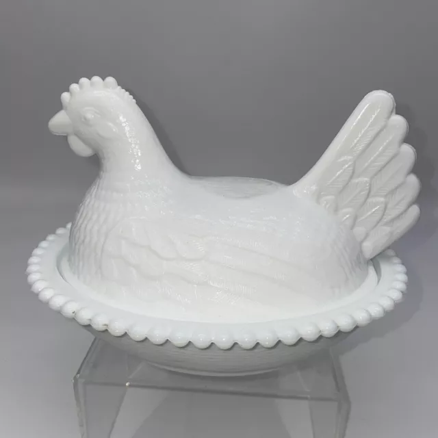 Vintage Indiana Glass White Milk Glass Beaded Chicken Hen on Nest Dish Candy Lid