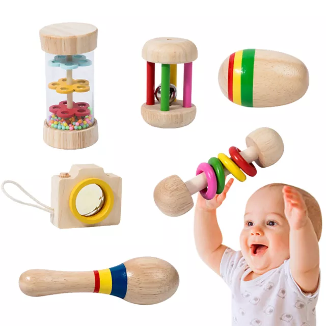 NEW Wooden Baby Toys Montessori Toys Set Wooden Rattles Grasping Toys Wood 6Pcs