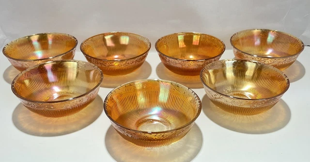 7 Vintage Marigold Carnival Glass Bowls Prism & Daisy Band Pattern By Imperial