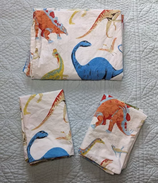 Pottery Barn Kids PBK Dinosaur Twin Flat Sheet & 2 Pillowcases