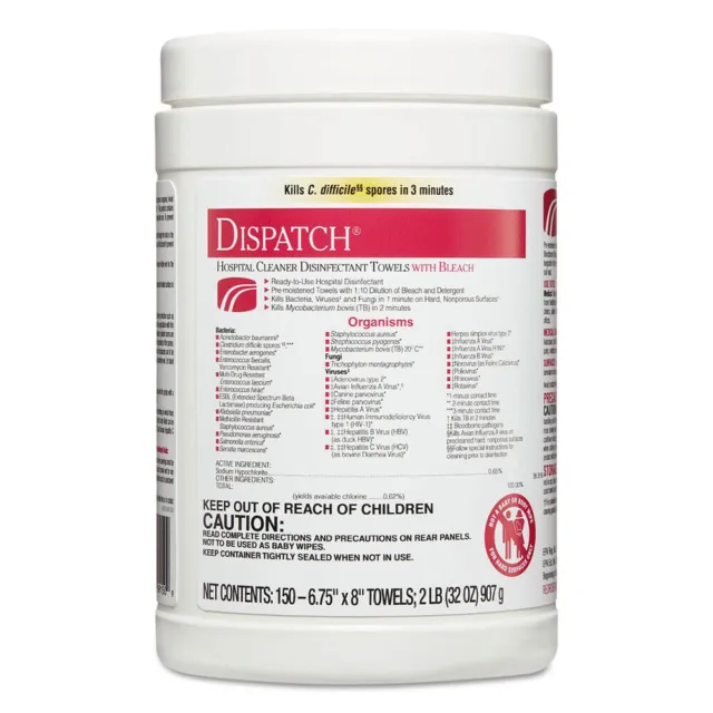 Dispatch Hospital Cleaner Disinfectant Towels with Bleach Pack of 8