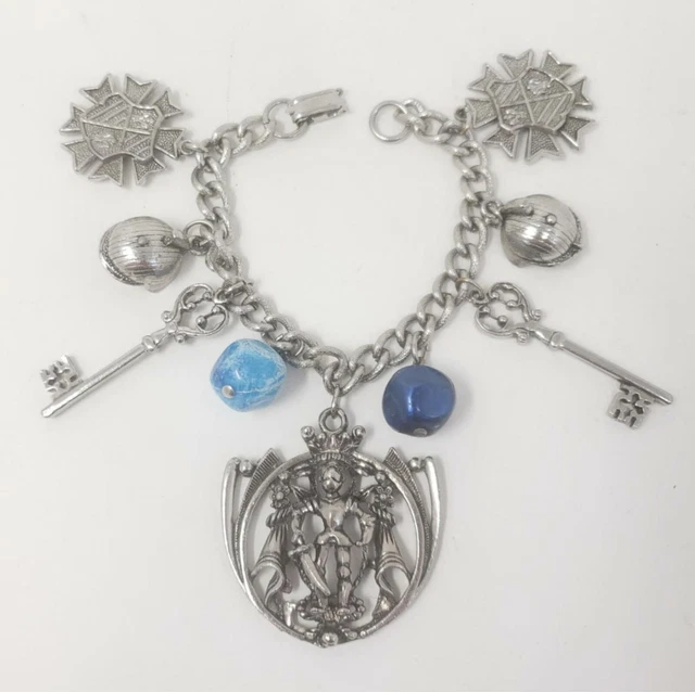 VINTAGE SILVER TONE Medieval Heraldic Shields Knight Helmets Keys Charm