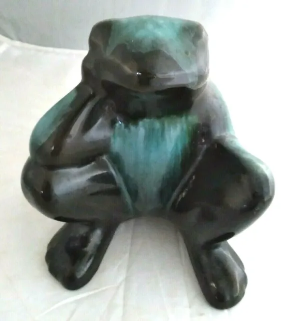 Blue Mountain Pottery Green Black Glazed Sitting Thinking Frog 7" EUC