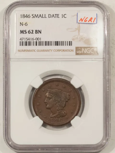 1846 Coronet Head Large Cent, Small Date N-6, R-1 - Ngc Ms-62 Bn, Smooth, Choice