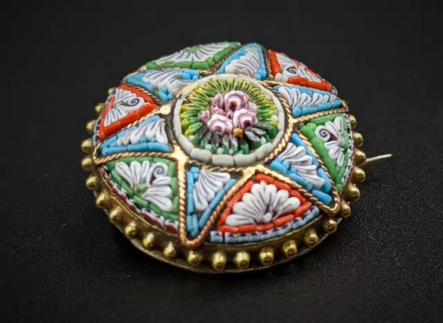 Micromosaic Brooch Rose Antique Pin Grand Tour Italy