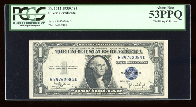 DBR 1935-C $1 Silver Fr. 1612 RD Block PCGS 53 PPQ Serial R84762084D