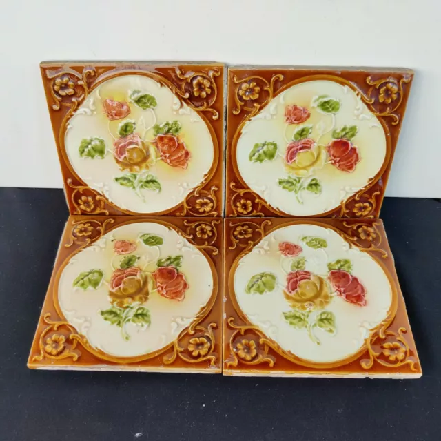 Vintage H&R Johnson Ltd Majolica Nouveau Architecture Furniture Tile 4Pc England