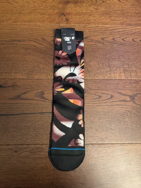 NWT Stance Mid Calf Crew Lucidity Socks Black Mens Large 9-13 Floral Poly Blend