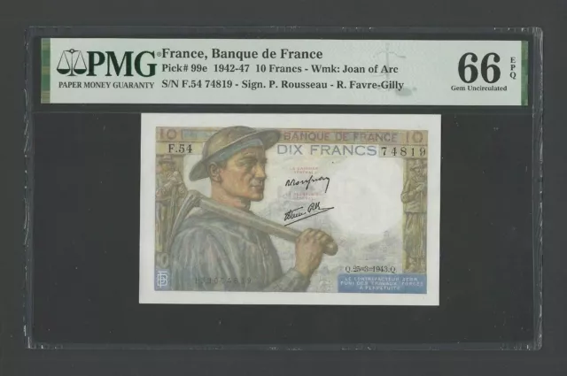 France 10 Francs 25-3-1943 P99e Uncirculated Graded 66