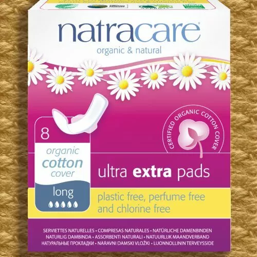 Natracare DOPPELPACK Ultra Extra Pads LONG flache Flügel-Binden Bio, 2 x 8 ST