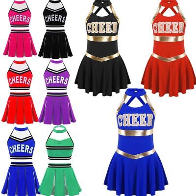 Girls Dance Cheerleading Dress Print Crop Top+Skirt Set Kids School Uniforms