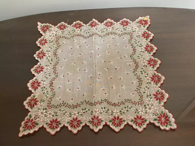 Vtg. 1940's Ladies Handkerchief Red Poinsettia Flower's Scallop Edges