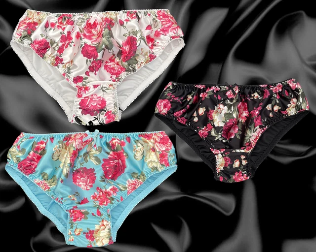 SATIN SILKY PINK Floral Frilly Bow Trim Sissy Panties Knicker Briefs