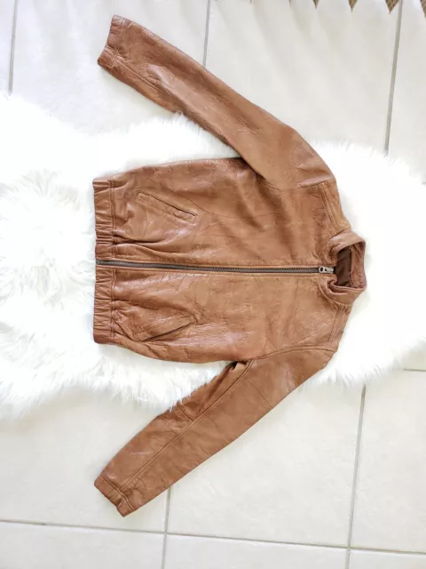 🌺Lucky Brand Bomber Womens Cognac Brown Leather Jacket Zip Pocket Sz XS/TP $225