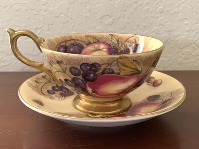 Vintage Aynsley Footed Cup & Saucer Signed N Brunt Orchard Fruit Gold Trim