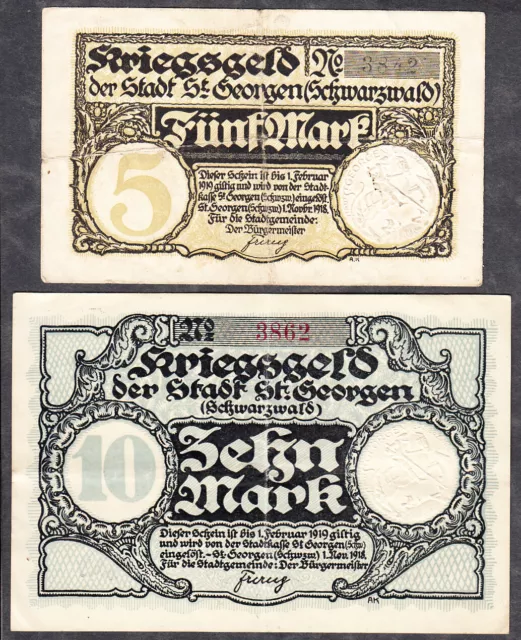 St. Georgen -Stadt- Notgeld zu 5 Mark und 10 Mark vom 1.11.1918