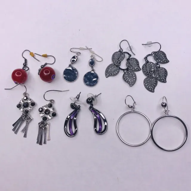 Dangle Hook Earrings Set 6 Pair Red Bead Silver tone Waterfall Rings hammered