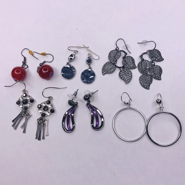 Dangle Hook Earrings Set 6 Pair Red Bead Silver tone Waterfall Rings hammered