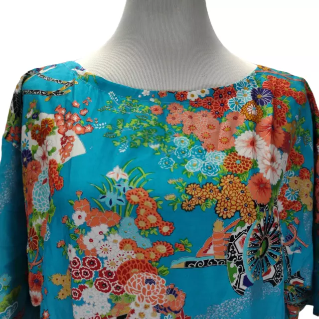 Vintage 60s Blue Caftan Midi Dress Size M/L Asian Floral Print Made In Japan
